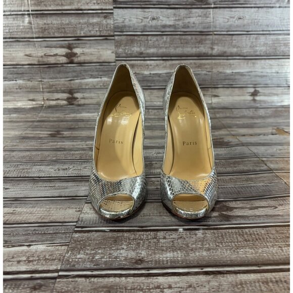 Christian Louboutin Lady Peep python snakeskin silver metallic hells shoes sz 36 - Picture 3 of 9